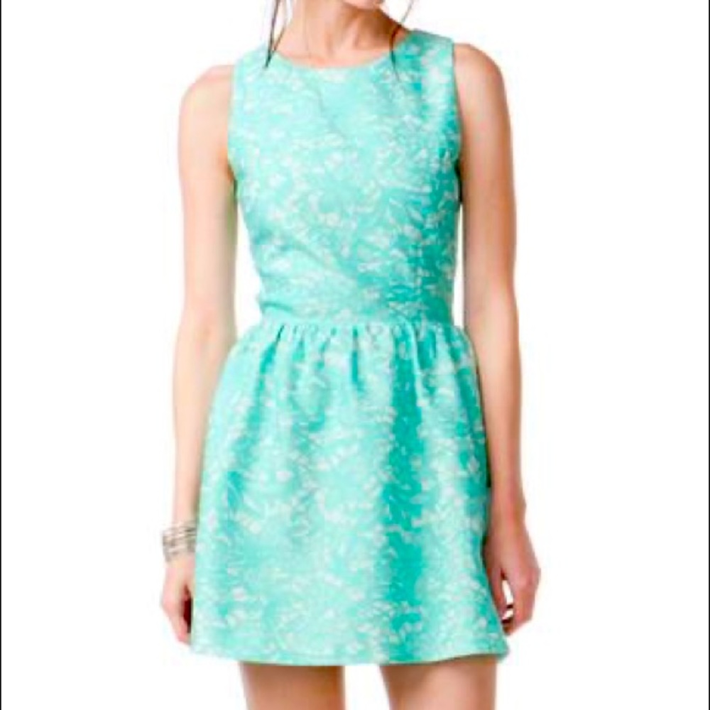 Francesca’s Maidstone Teal Brocade Mini Dress